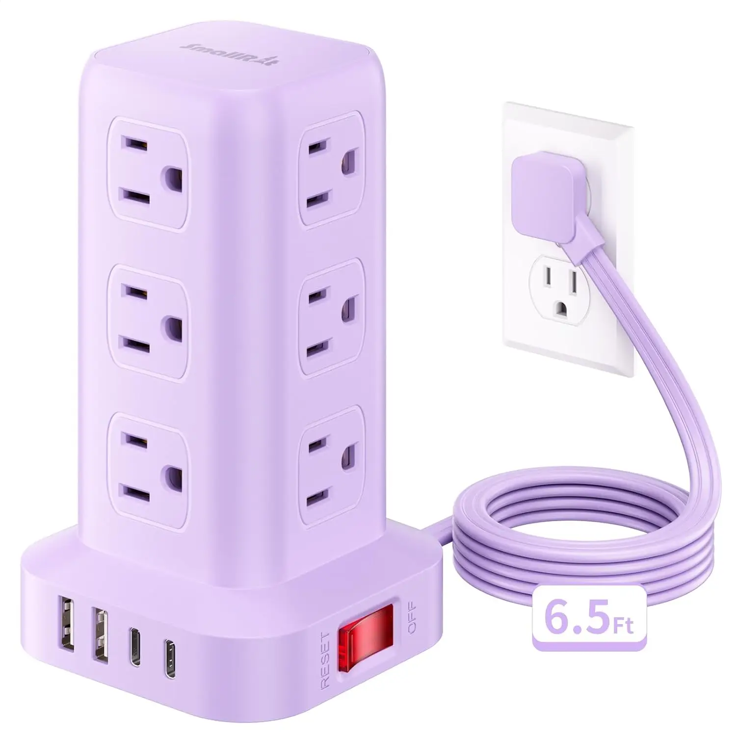 Extension Cord with Multiple Outlets, Power Strip Tower, Extender 12 AC 4 USB, 6.5FT for Home Dorm Room, Office Supplies, Purple