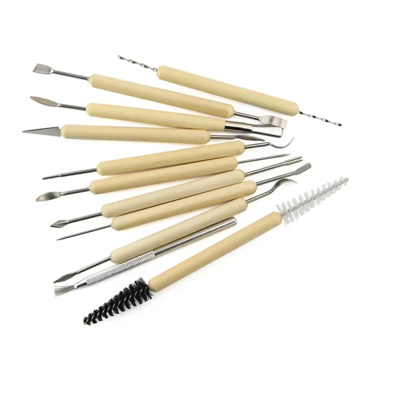 Ensemble d'outils de modélisation de sculpture d'argile de poterie, Kit d'outils de sculpture d'argile polymère en céramique Double face avec manche en bois lisse 11 pièces