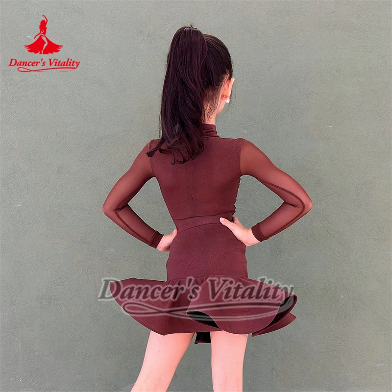Tieners Latin Dance Hooggesloten Lange Mouwen Strik Decoratie Bodysuit + Visgraat Rok Sets Danser Vitaliteit Chacha Kleding