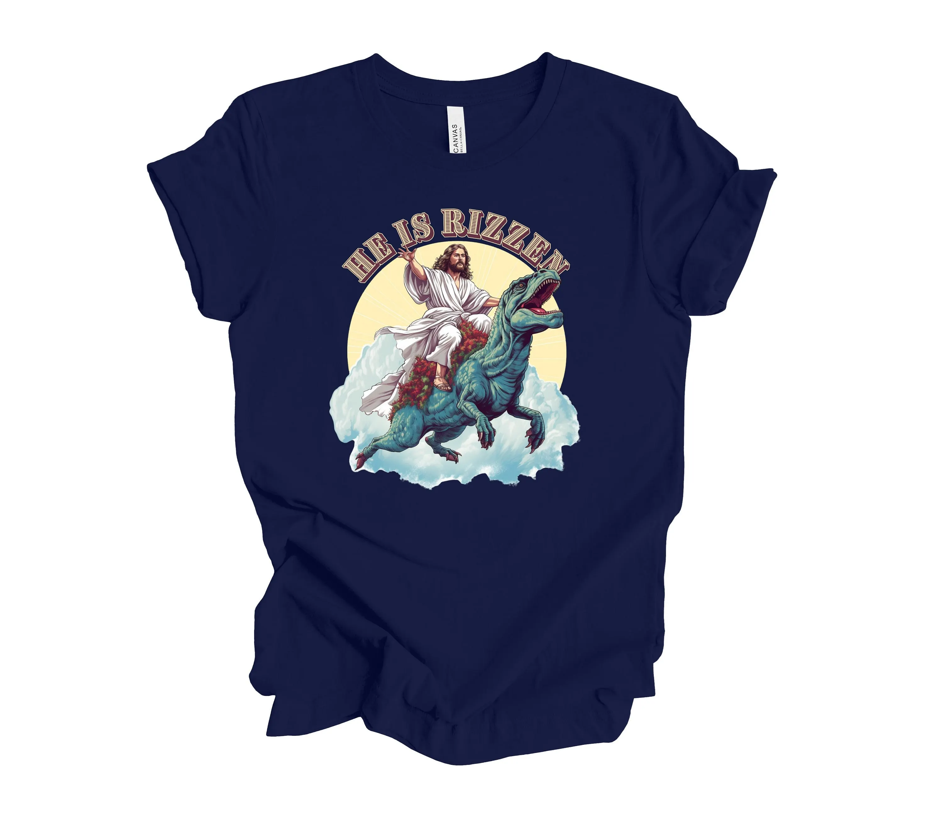 He Is Rizzen T shirt Jesus Riding A Dinosaur Funny Trex Christian Meme