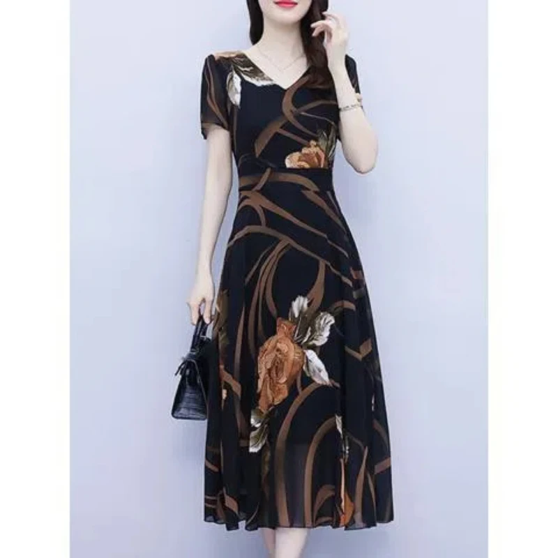 Temperament Printing Loose Ladies Dresses Summer New Short Sleeve Thin All-match Elegant Dress Fashion Casual Women Clothing