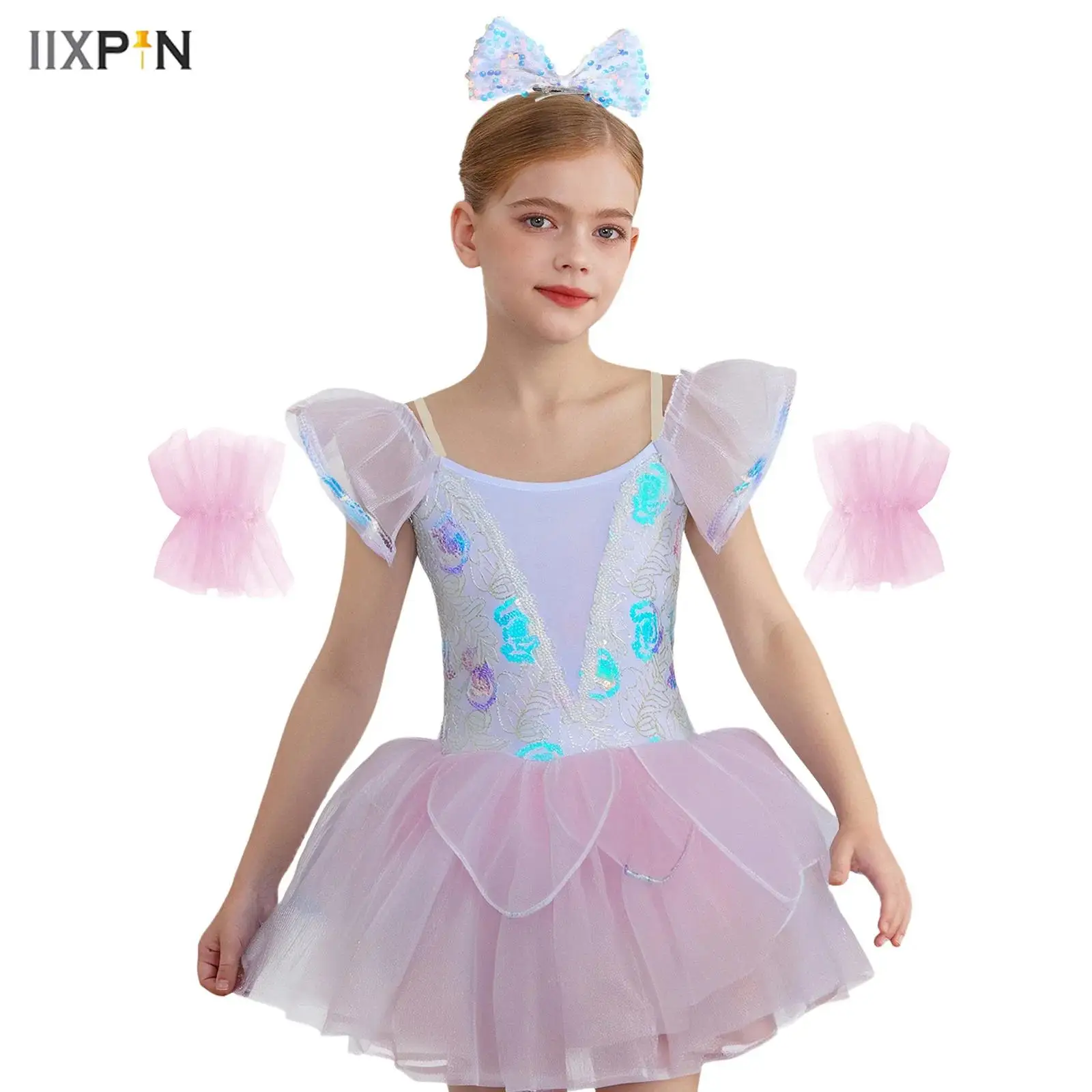 

Kids Girls Ballet Dance Tutu Dress Adjustable Shoulder Straps Ruffled Sleeves Sequin Embroidery Bodice Layered Dresses Dancewear