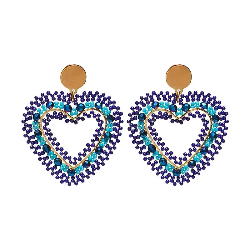 Bohemia Rice bead earrings Heart Versatile Blue Crystal Hand weaving Alloy  Original text Personality Female Beaded earrings