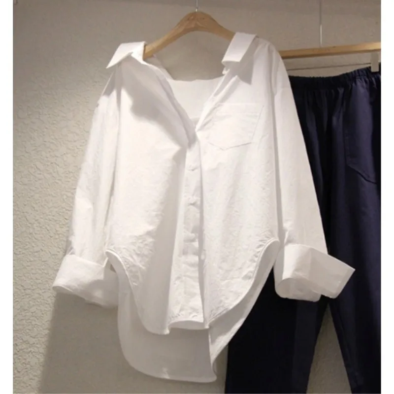 

Womens White Loose Long Sleeve Button Down Shirt Casual Lapel Blouse Top
