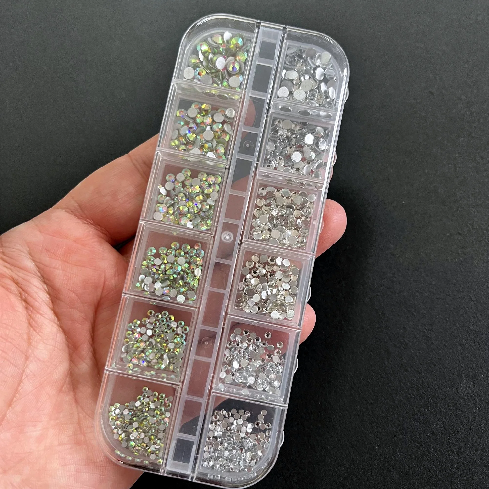 1Box SS4-SS16 12-Grid Flatback Crystal Nail Rhinestones Sparkly AB Iridescent + Clear Round Glass Gems For Nail Art DIY Supplies