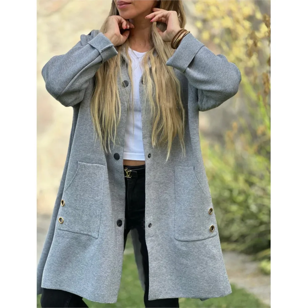 Casual Modny Płaszcz damski z kapturem i kieszenią Jednorzędowy Płaszcz damski w jednolitym kolorze Jesień Zima Nowy Styl Elegancki Płaszcz damski 2025