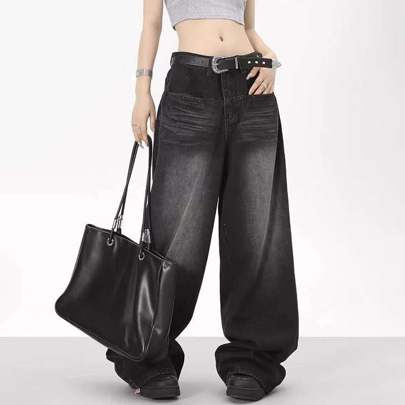 Oversized Retro Black Jeans Wide Leg Pants For Women Chic Y2K Low Waist Baggy Jeans Trouser Mens Barrel Jeans Streetwear