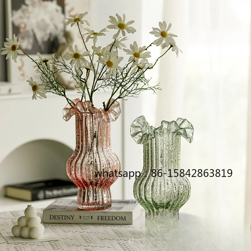 French Luminous Pleated Skirt Glass Vase Living Room Water Raising Flower Arrangement Ins Wind Dining Table Ornament