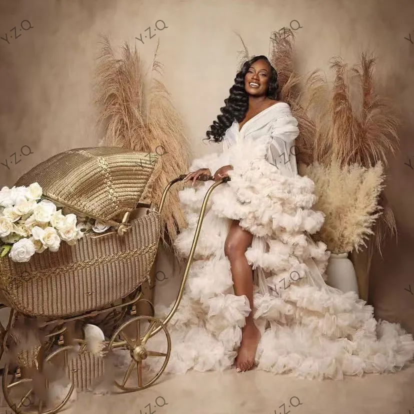 Fluffy Maternity Dress for Photo Shoot Baby shower Beige Ruffle Tulle Split Layered Sleeves Photography Women Dresses Pregnant