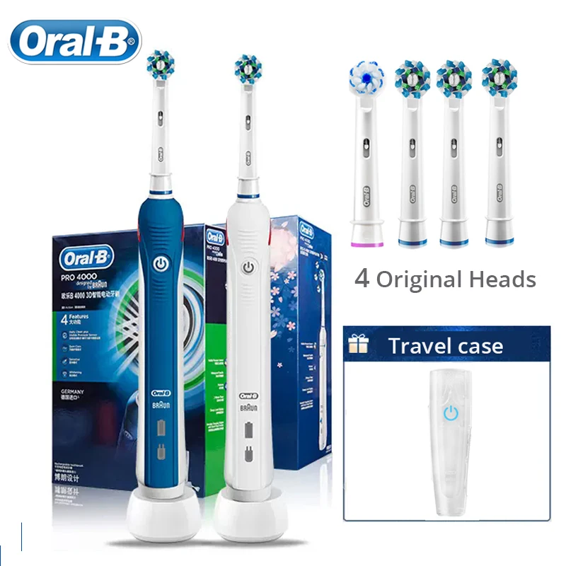 Oral B Pro 4000 Ultrasonic Toothbrush 3D Action Visible Pressure Monitor Inductive Charging Electric Toothbrush with 4 Heads Box