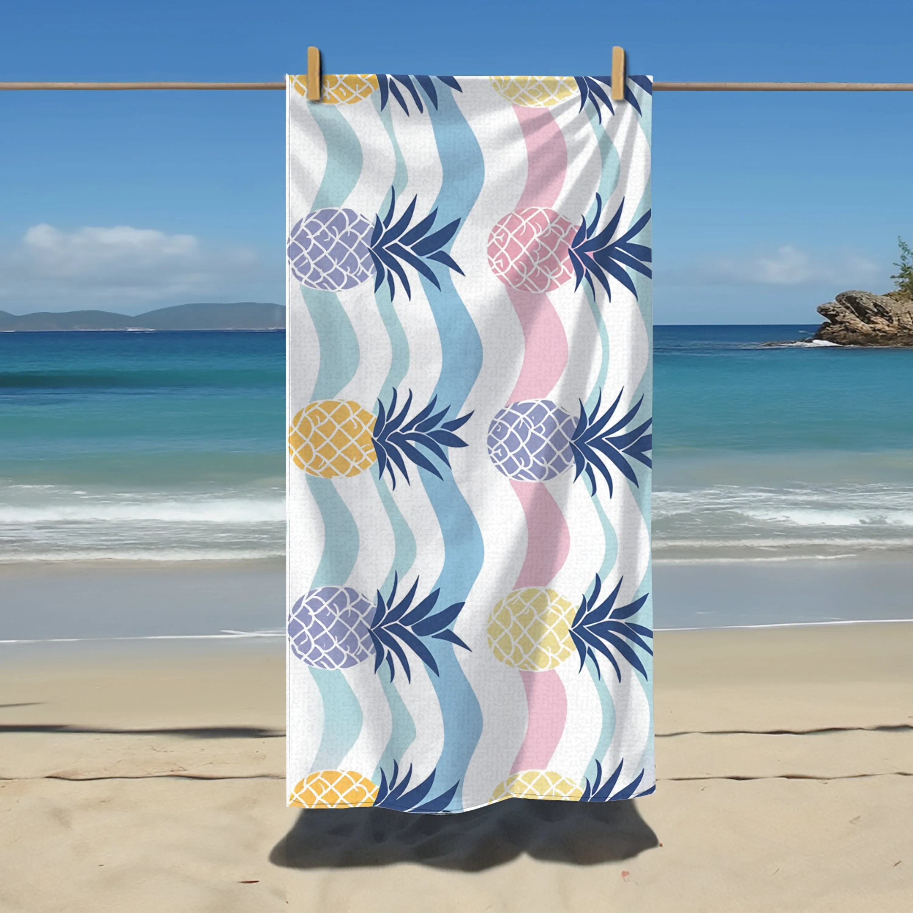 Retro Pineapple Wave Beach Towel Throwback Beach Decor Towel Tropical Vintage Chic Fruit Idea for Vocation Camping Gift for Her