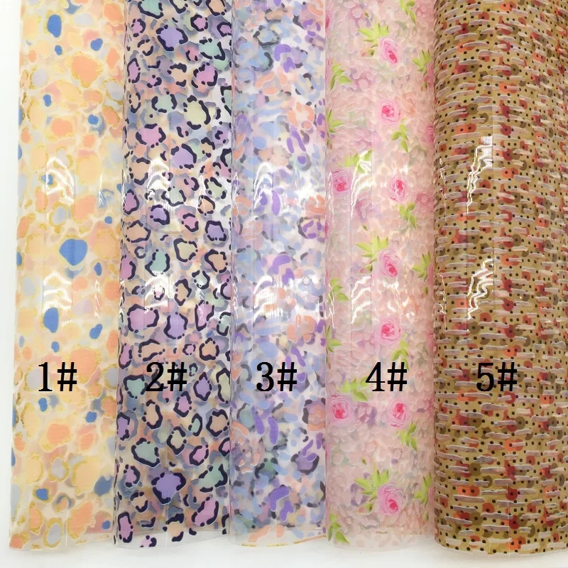 Amonglitter Wholesales Leather Supplier Leopard Flowers Printed TPU See Through Transparent Leather For Bows DIY 21x29cm MB169