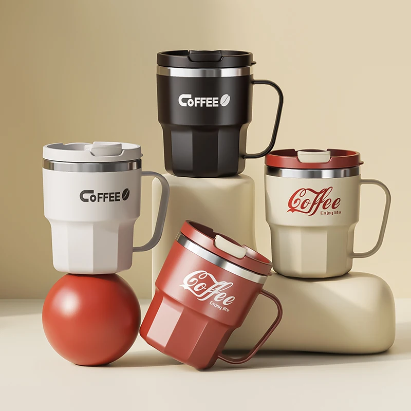 1 Stück 400 ml/13,5 Unzen 304 Edelstahl Kaffeetasse mit Deckel und Griff Doppelschicht-Kaffeetasse Trinkgeschirr wiederverwendbare isolierte Wasserbecher