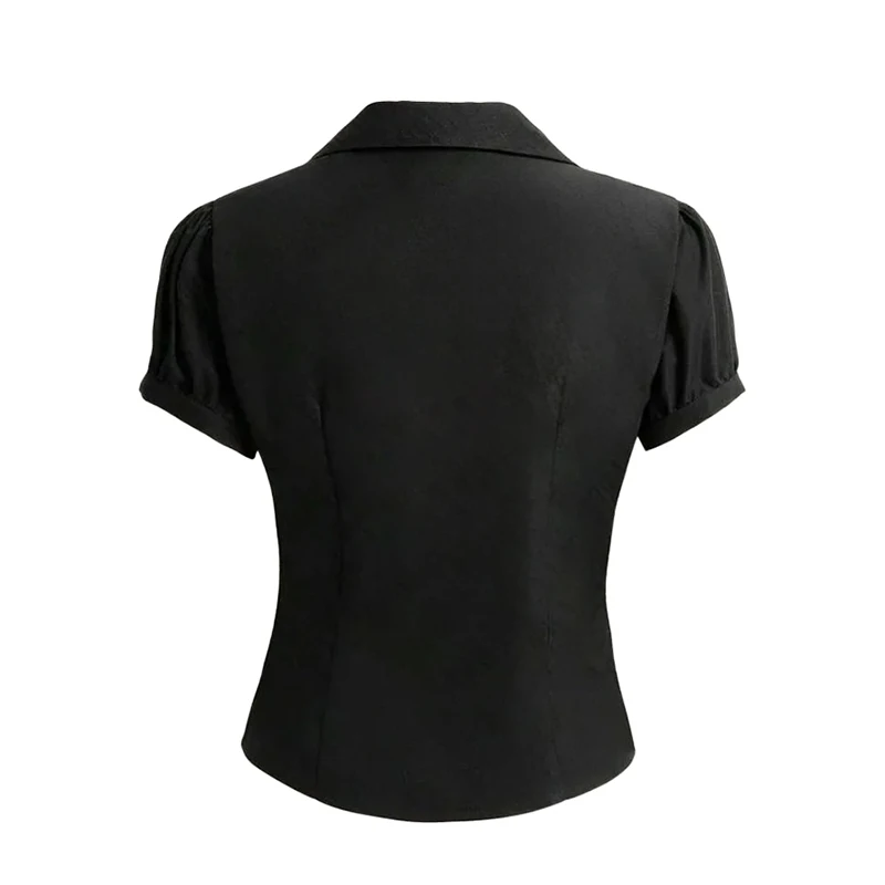 Women Shirts Black Short Sleeve Collared Button Down Blouse Tops Shoujo Girl Goth Aesthetic Y2K Harajuku