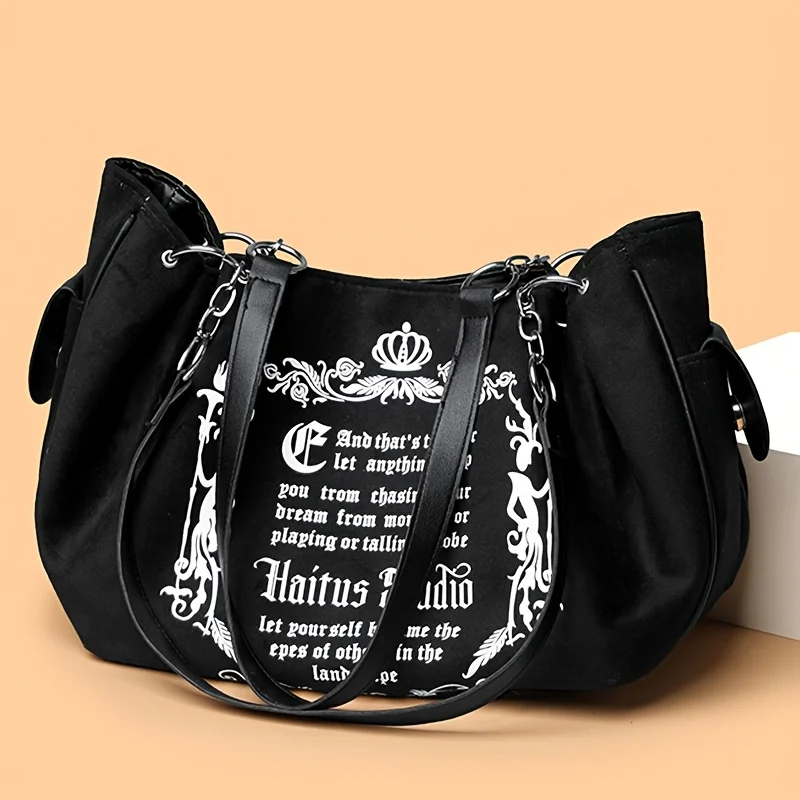 Damen-Handtasche aus Wildlederimitat mit Buchstabendruck, Retro-Einkaufstasche mit großem Fassungsvermögen für den täglichen Pendelverkehr und zum Tragen von Hand. Kürbistasche – Detail 2