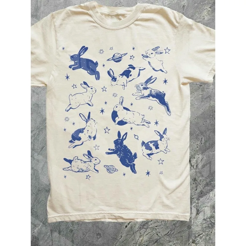 Cute Space Rabbit Printed T-shirt Fashionable Retro Starry Sky Style Summer Top Men's T-shirt Summer New Unisex Y2K T-shirt
