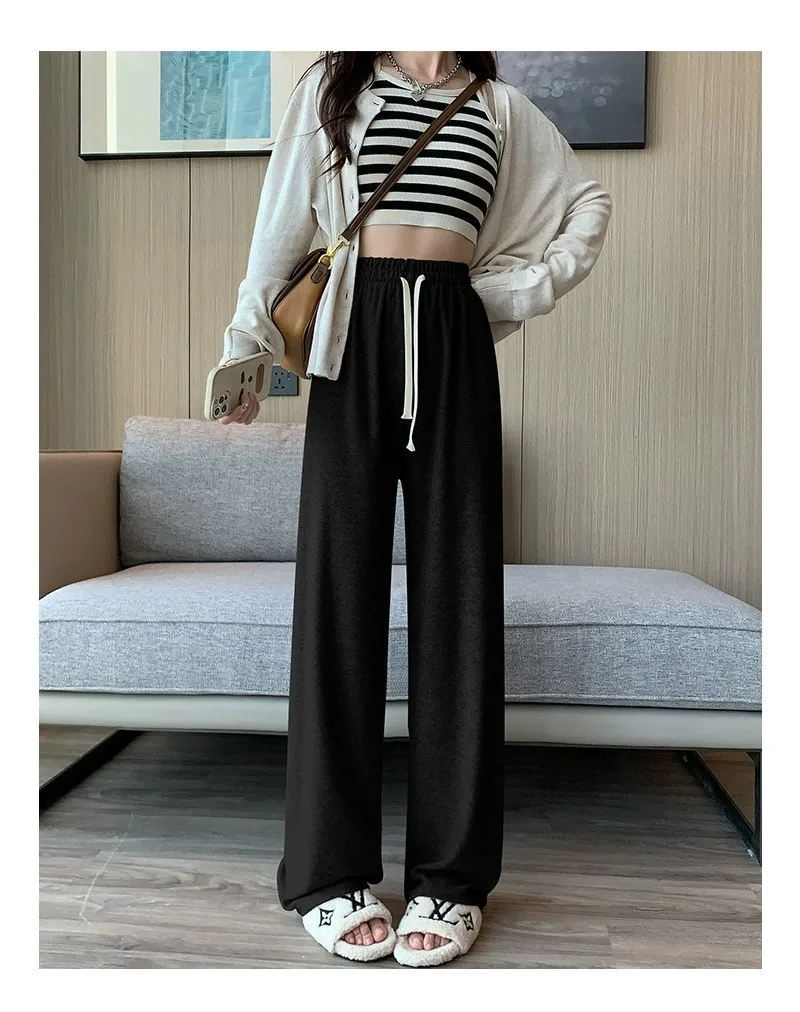 Milk White Towel Cashmere Wide Leg Pants For Women Casual Straight Mop Floor Loose Trouser Women's Drawstring Warm Pants