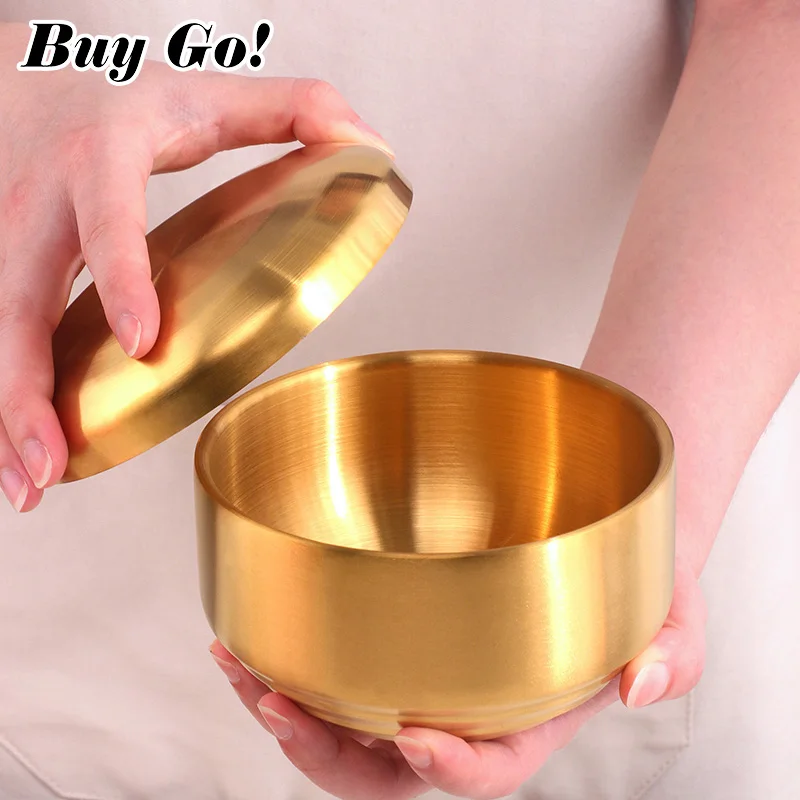 1/2PCS 304 Stainless Steel Korean Rice Bowl With Lid Double Anti-Scalding Soup Food Serving Bowls Container Kitchen Utensils