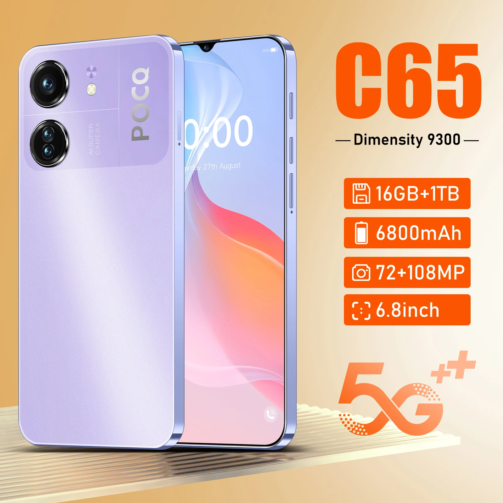 

Global Version C65 5G Smartphone 6.8 Inch 16GB RAM+1024GB ROM Dimensity 9300 ,108MP Camera 6800Mah Battery Android Phone