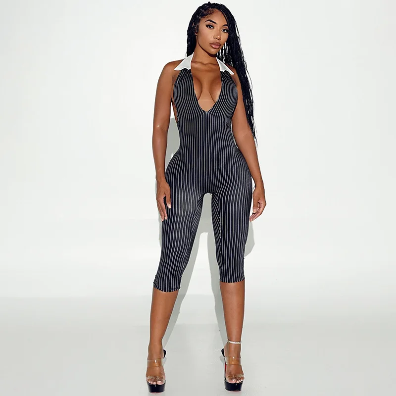 Striped Print Skinny Calf Length Jumpsuits Women Sexy Patchwork Lapel Collar Deep V-neck Halter Backless Booty Lifting Overalls