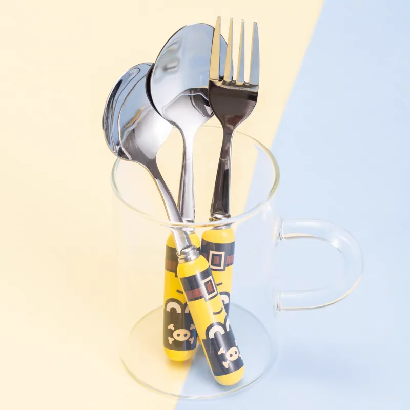 Minions Ceramic Handle Spoon Fork Minion Anime Figure Tableware Cartoon Portable Household Tableware Meal Spoon Party Kid Gift