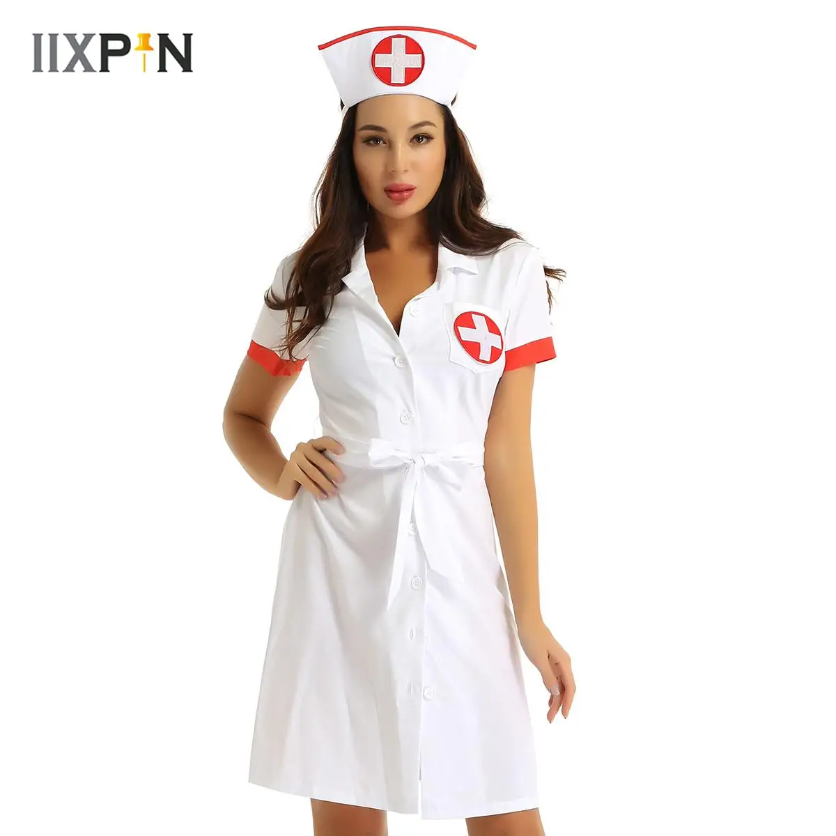 

3Pcs Women Adults Nurse Uniform Dress Cosplay Costume Outfit Lapel Collar Short Sleeve Button Down Fancy Dress with Belt and Hat