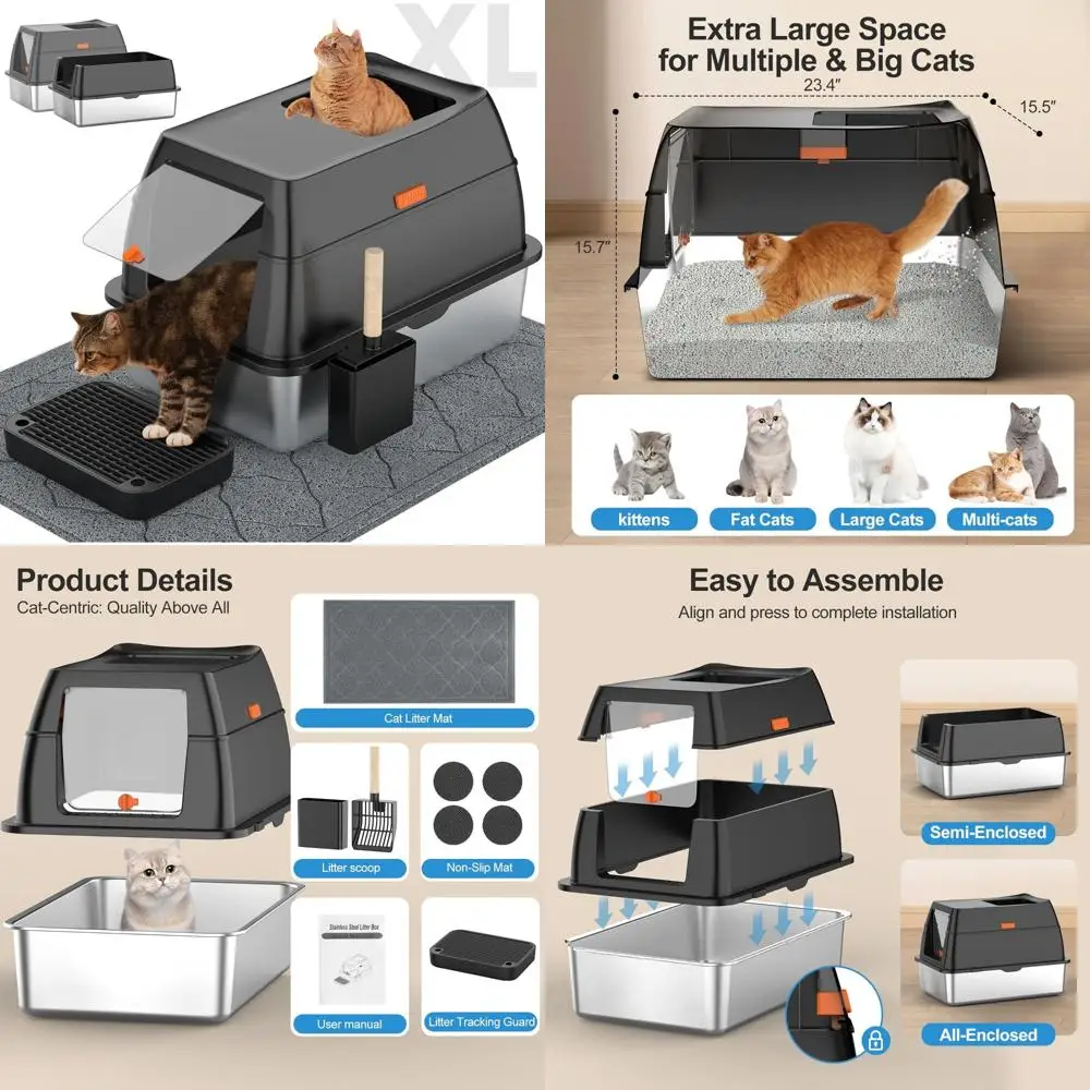 

Extra Large Enclosed Front Entry Top Exit Stainless Steel Litter Box for Cats with Litter Scoop and Long-Term Odor Control
