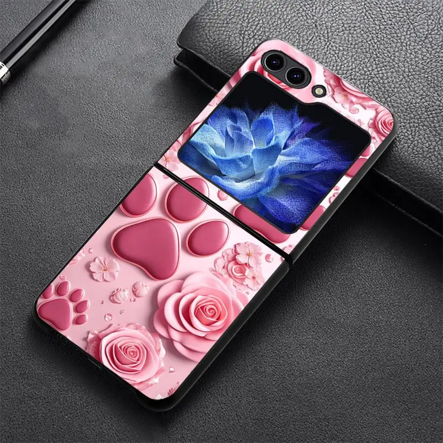 Phone Shell Funda Case for Samsung Galaxy Z Flip 8 Flip7 FE Z Flip 7 6 5 4 3 Flip6 Flip3 Flip4 Flip5 Pink Rose Paw Print