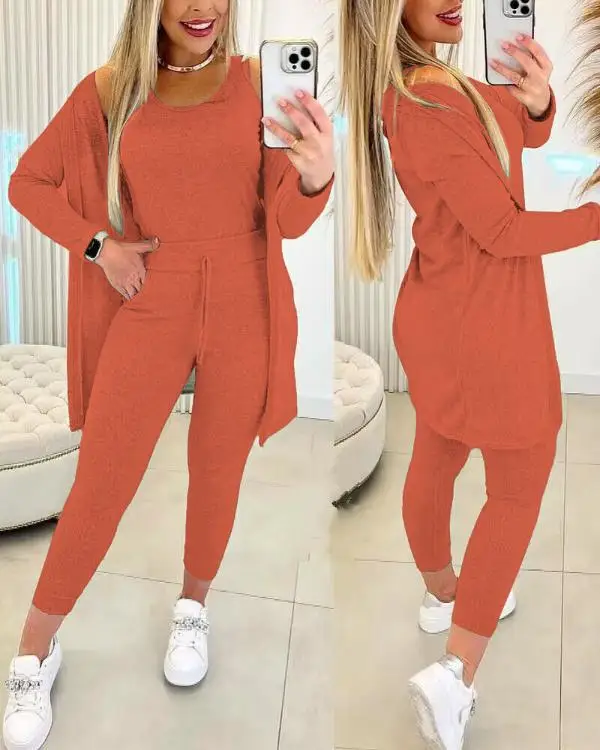 Elegant Fall Outfits Women 2023 Suit Fashion Versatile Casual Round Neck Tank Top & Drawstring Pants Set with Coat Three-piece