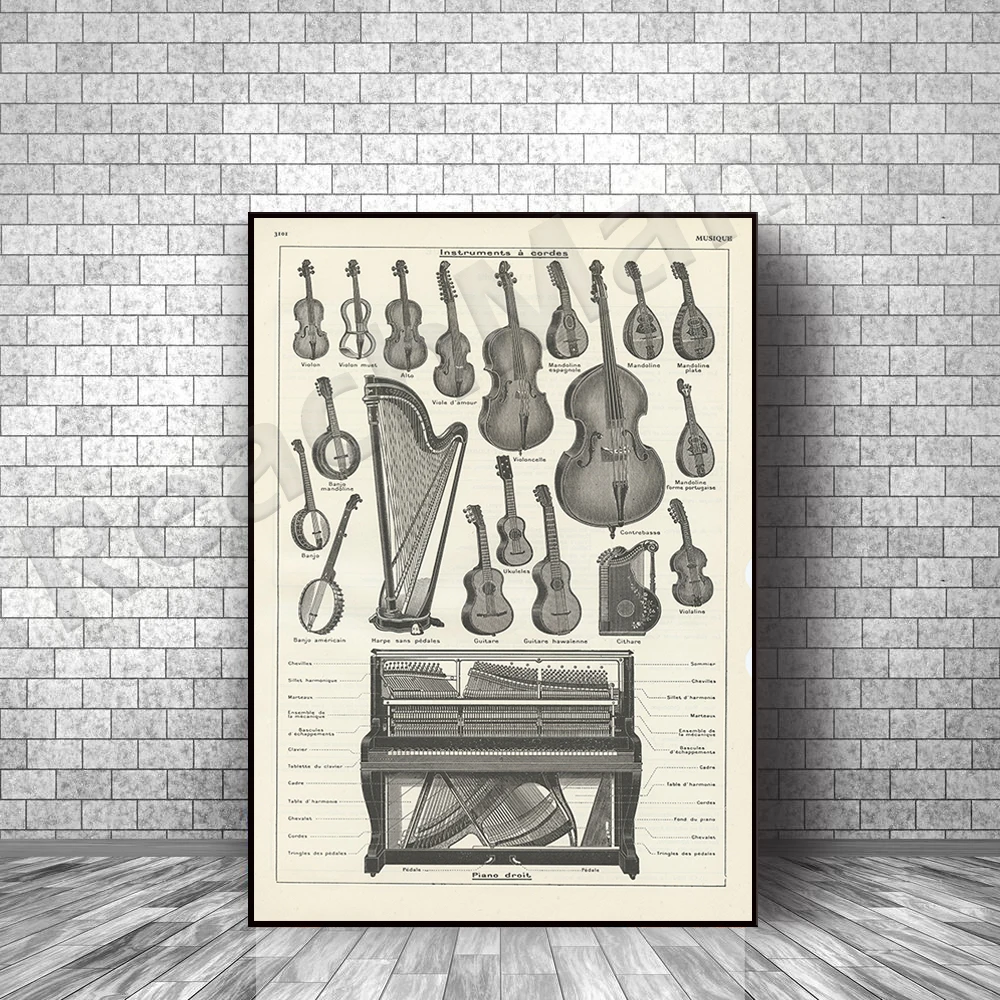 Antique musical instrument printed in 1938. Piano strings viola violin cello harp banjo guitar poster. musician gift teacher
