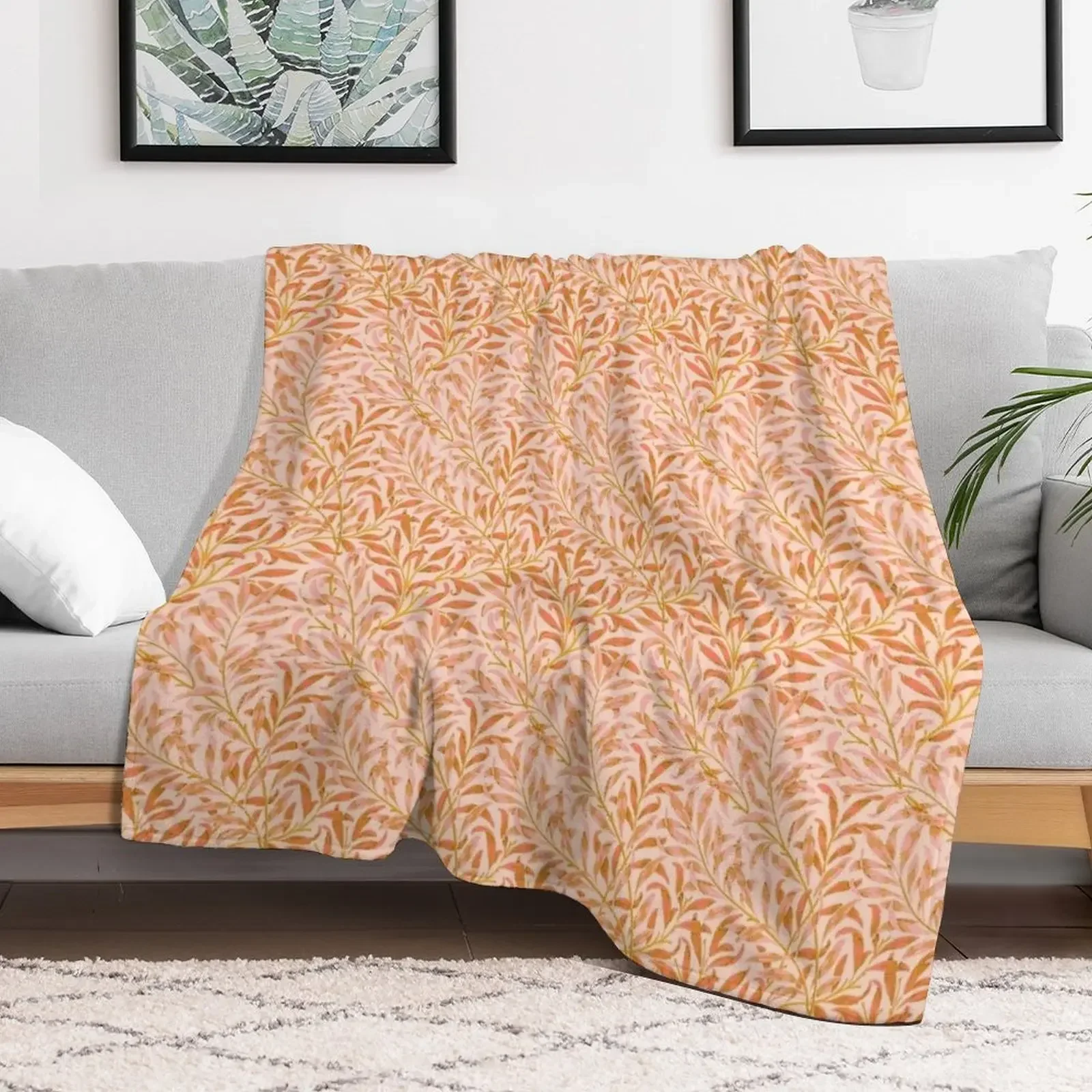 William Morris Willow Bough Pattern Orange on Peach Throw Blanket Decorative Throw Custom Plush Blankets