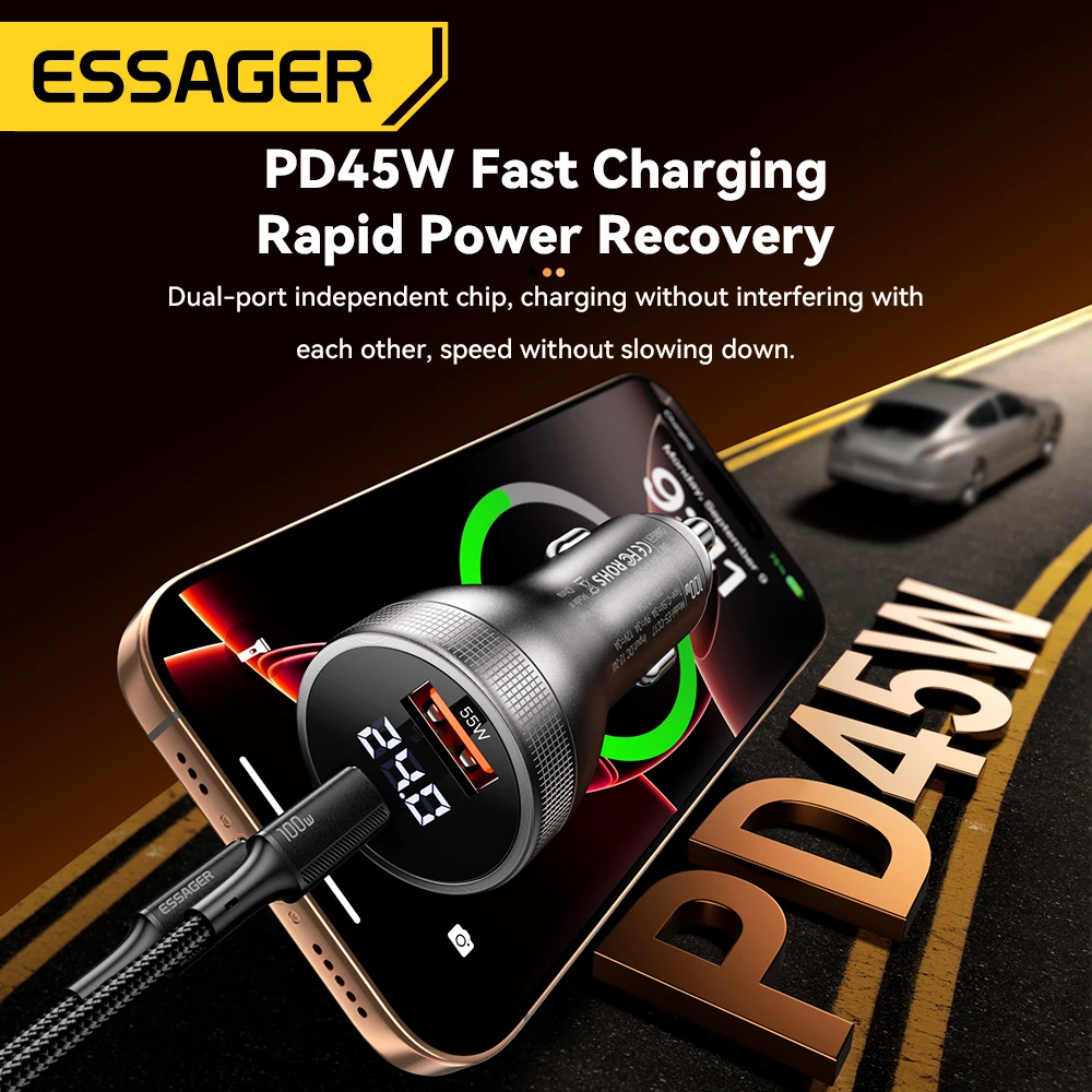 Essager 100W Car Charger USB C Quick Charge PD 45W for iPhone 15 pro 14  Xiaomi Poco Samsung Galaxy S24 Fast Charger Charging