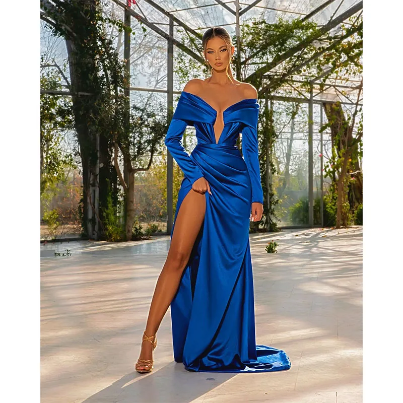 Elegant Royal Blue Evening Dresses Pleats Party Prom Sweep Train Split Long Dress For Red Carpet Special Occasions