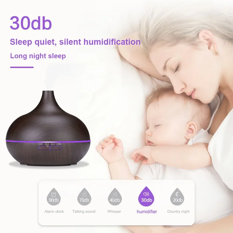 550Ml Aromatherapy Diffuser น้ำมันหอมระเหยกับรีโมทคอนโทรล Wood Grain Ultrasonic Air Humidifier Cool Mister 7สี LED Light