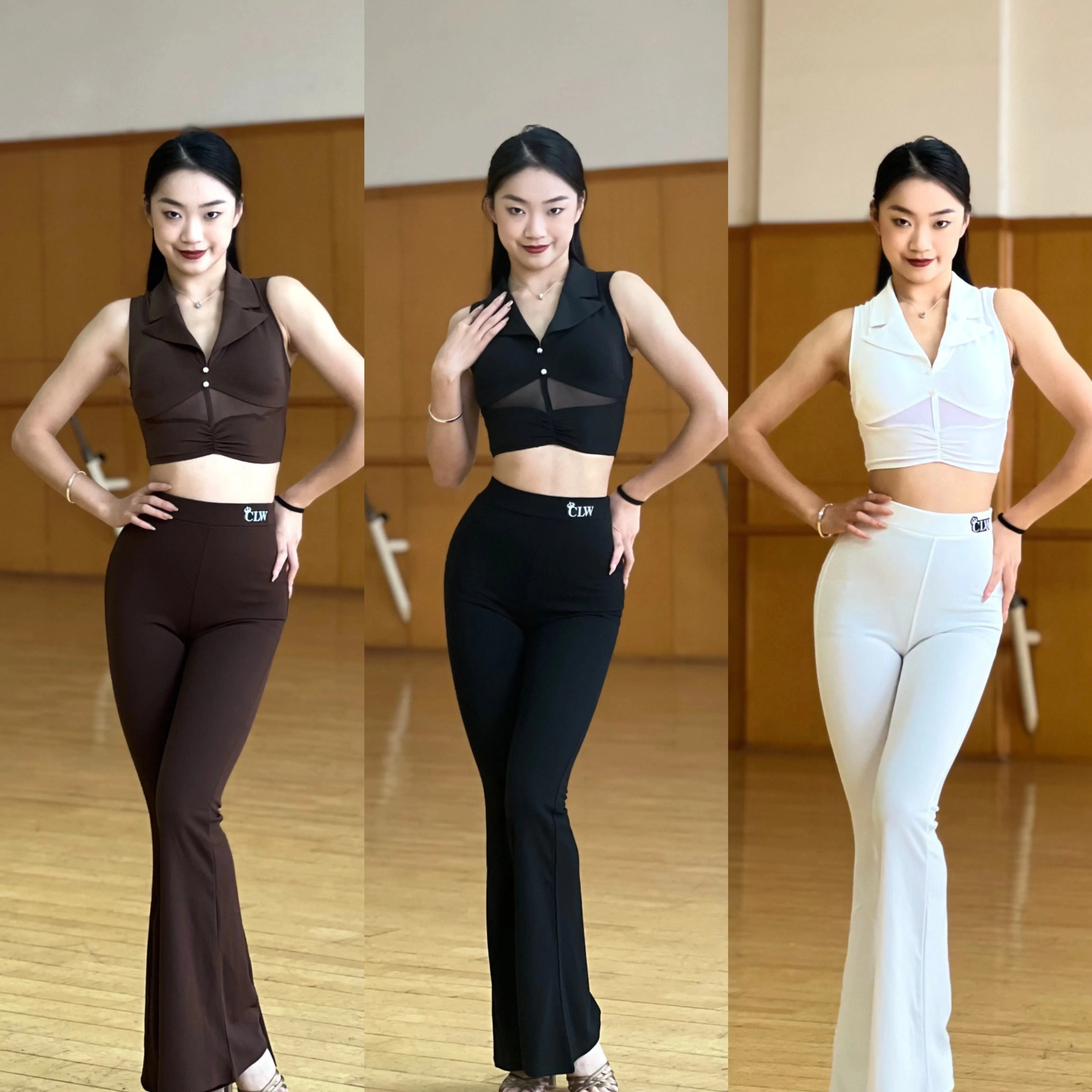 

customized women adult children girls Latin dance costumes top patchwork mesh high waisted slim fit training pants flared pants