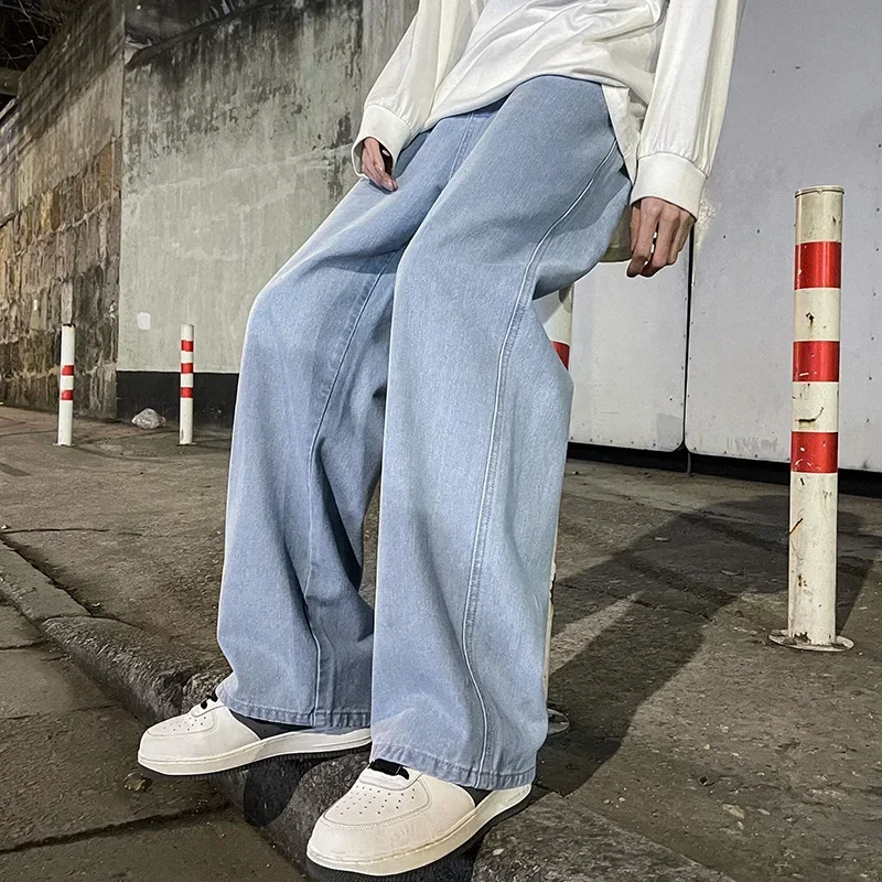 2024 Nowe Męskie Dżinsy Koreańskie Spodnie Casualowe High Street Straight Student Luźne Szerokie Czarne Szare Niebieskie Spodnie Baggy Denim