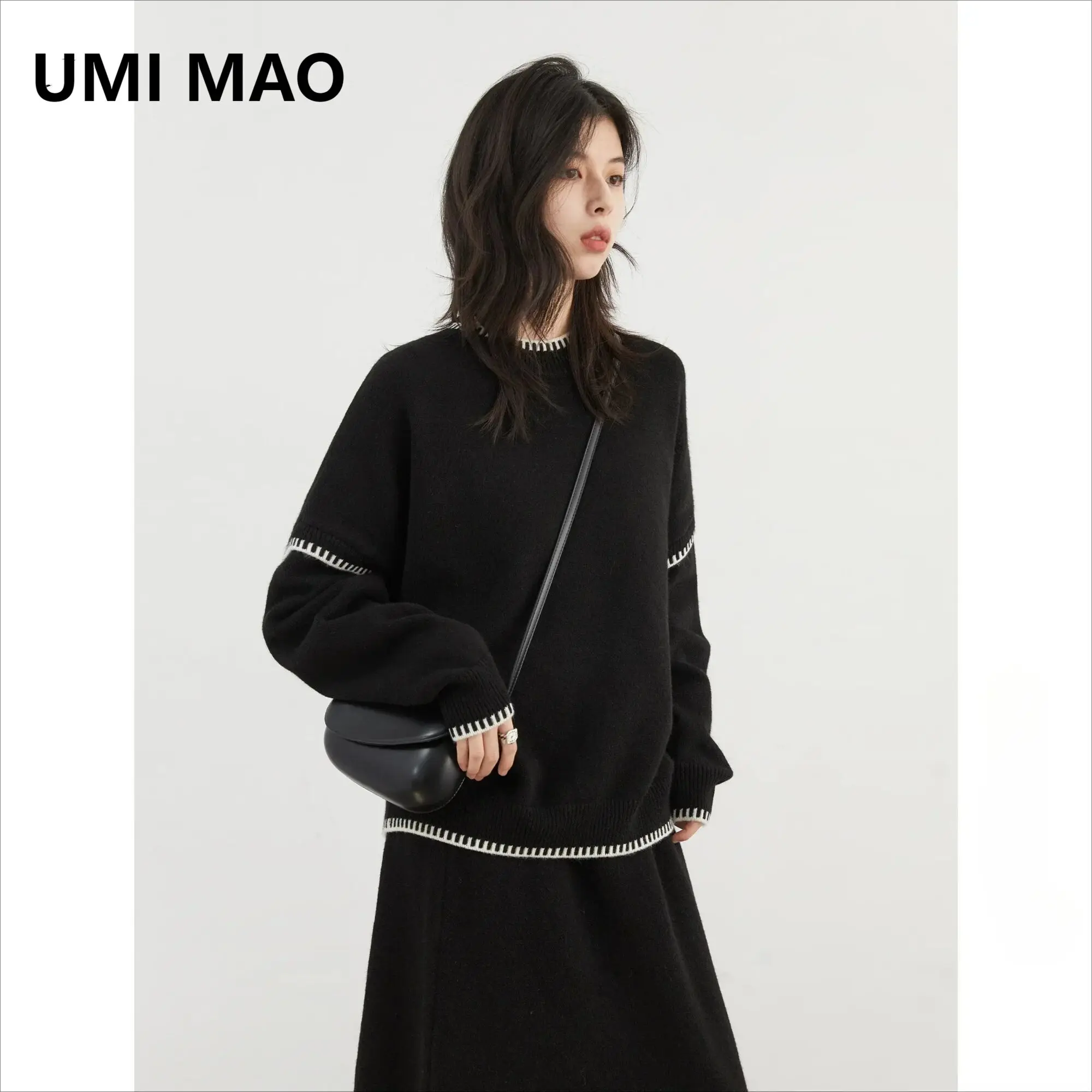 UMI MAO Women Sweater Loose Round Neck Pullover A Line Dress Sets New Contrasting Edge Knitted Skirt Set Autumn Winter