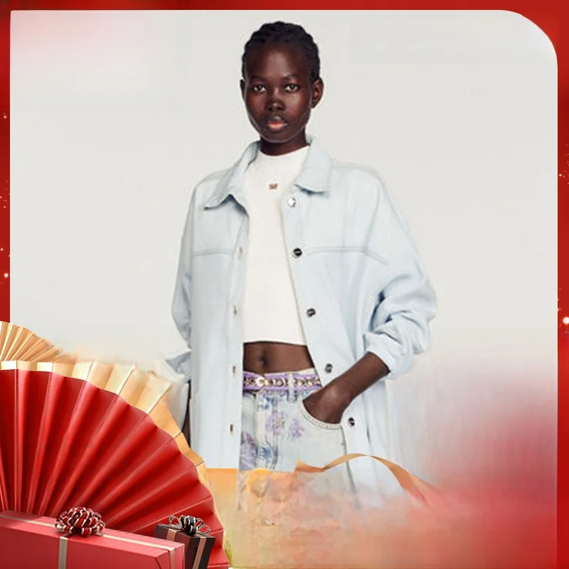 

S Home Spring Summer 2023 Women's Casual Knitted Denim Jaet Collar Button Long Sve Loose Fit Single Piece