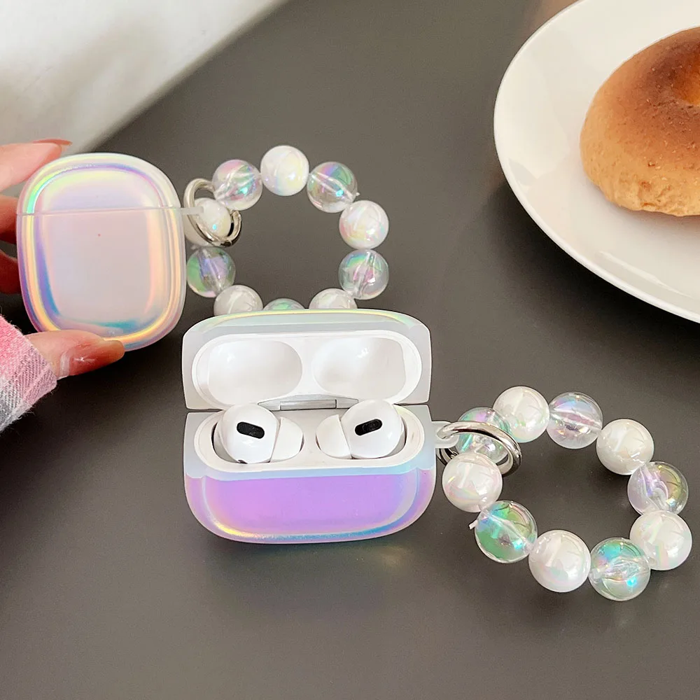 Luxury Laser Gradient Clear Girls Case For Apple AirPods Pro 2 Cases Cute Rainbow Ammor Bracelet Keyring for AirPods 3 1 Coque