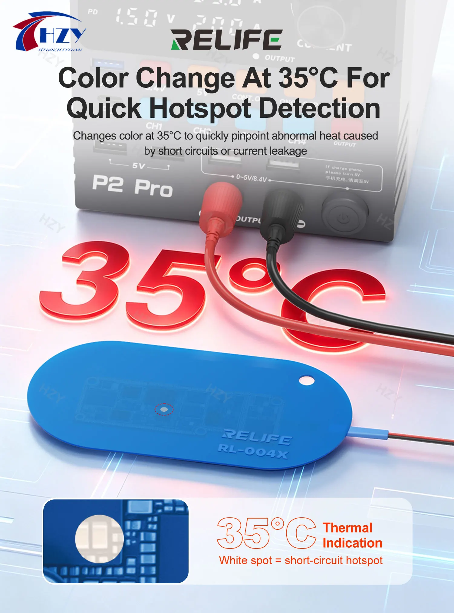 RELIFE RL-004X Motherboard Short-circuit Finder Pad Smokeless 35°C Color Change Indicator for Phone Motherboard Circuit Repair