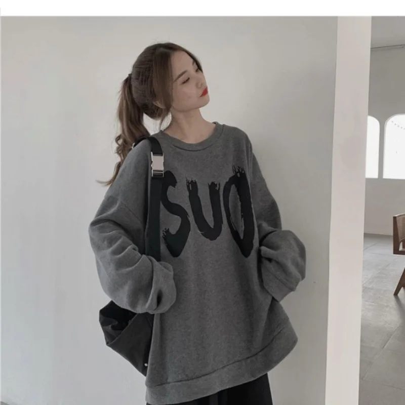 Spring Autumn New Loose Printing Letter Hoodies Sweatshirts Long Sleeve O-Neck Plus Size Tops Tees Trend Casual Women Clothing