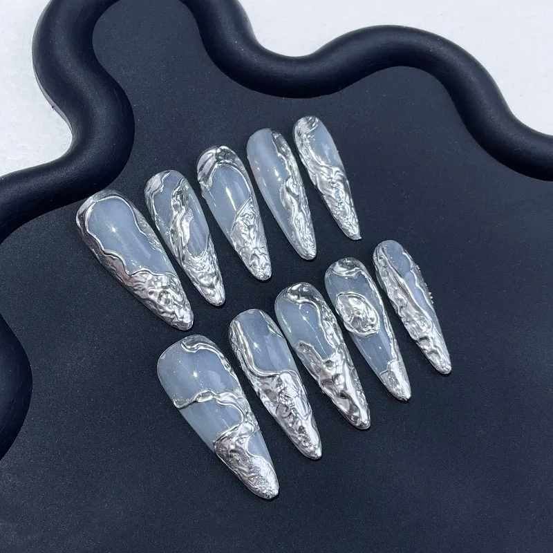 

10pcs High Quality Handmade Press on Nail Silvery White Liquid Metal Nail Art Almond Full Cover Wearable Artificial False Nail