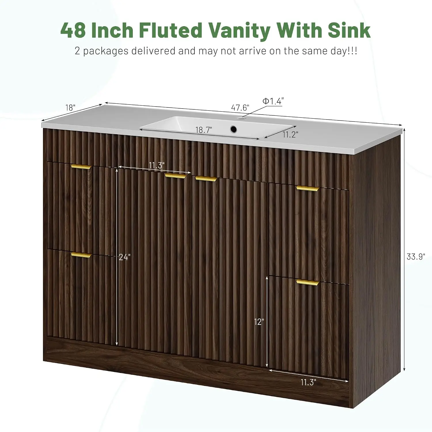 48 Inch Fluted Bathroom Vanity with Sink, Cabinet, Adjustable Shelf, 2 Soft Close Doors & 4 Drawers, Walnut, Customized