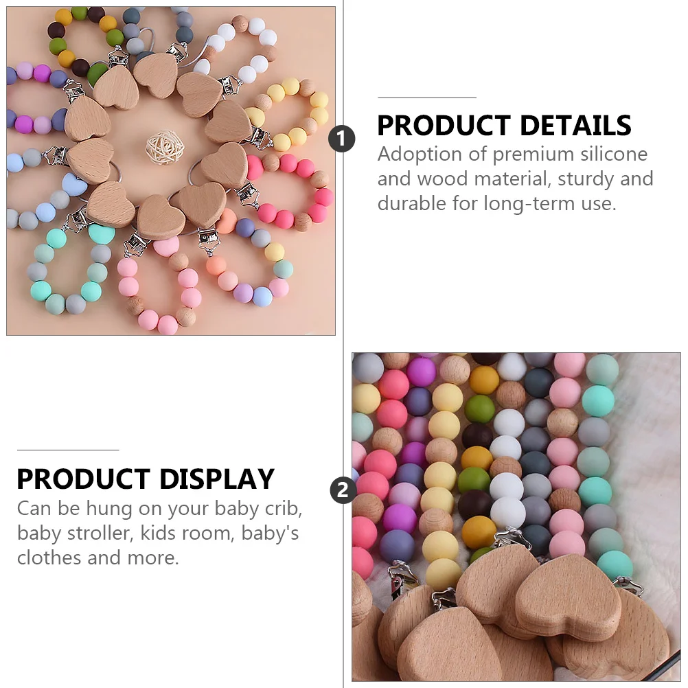 

Love Heart Pacifier Clip Premium Silicone Wood Beads Baby Clothes Stroller Crib Infant Teether Pendant Chain Pacifier Clip