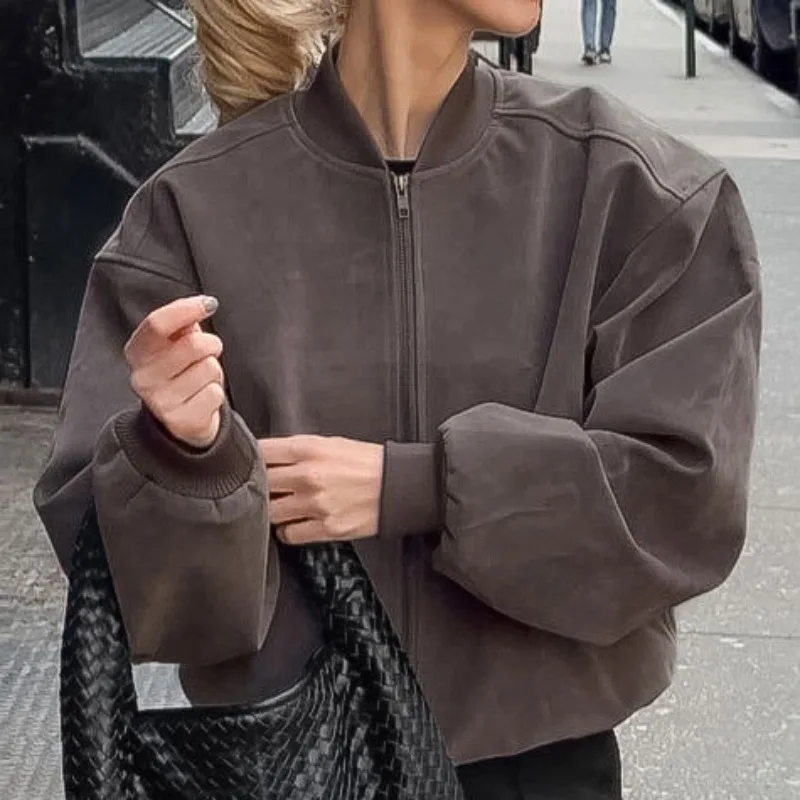 Talenza Women Grey Jacket Retro Fashion Streetwear Long Sleeve Coats Autumn Pilot Zipper Jacket Loose Chic Office Female Jacket