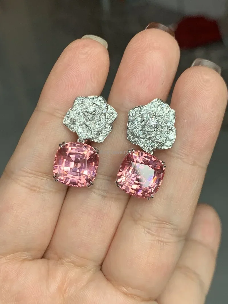 Ruif Customize Platinum Rose Flower Earrings 10ct Each Lab Grown Morganite Lab Grown Diamond Earrings for Women Fine Jewelry