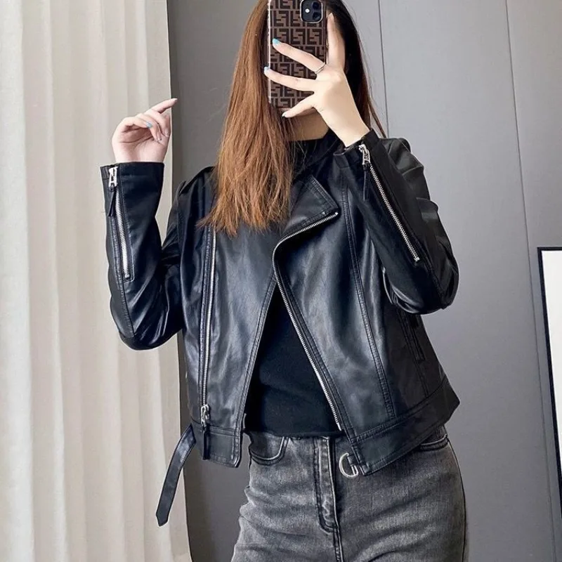 

Leather Jacket Women Zipper Motorcycle Jacket Streetwear PU Leather Coat Belt Short Tops Stand-up Collar Black Outerwear Korean