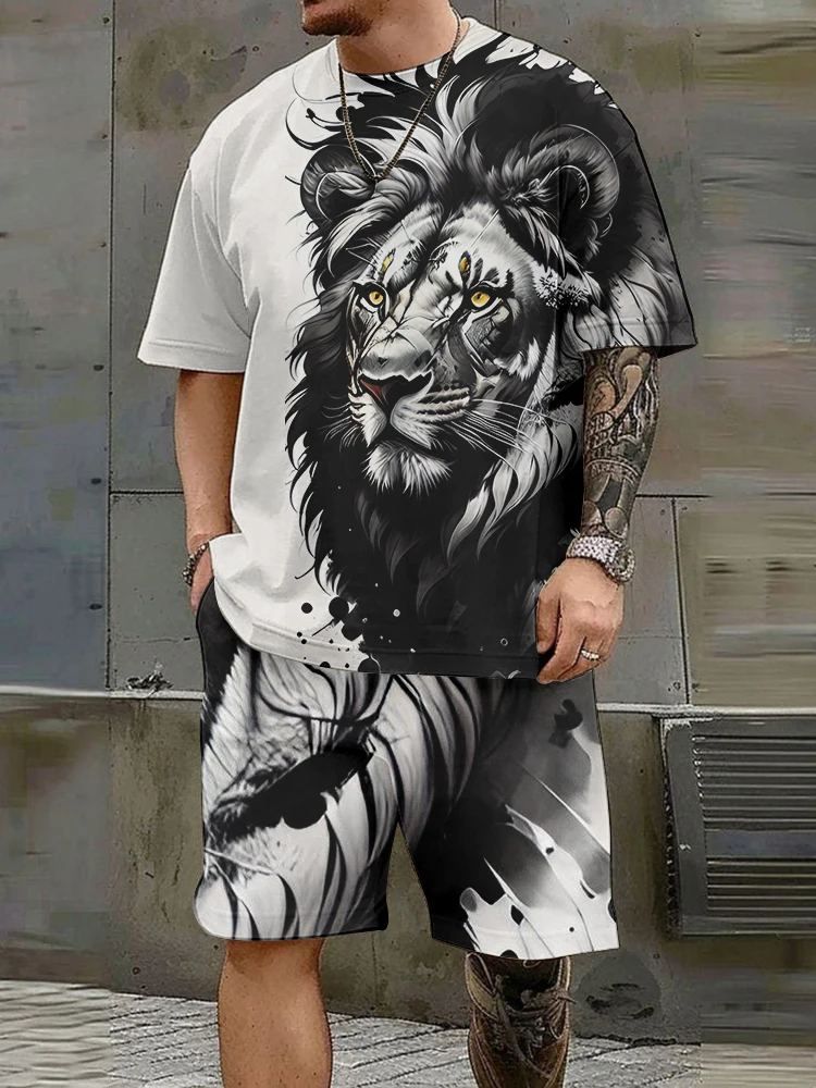 Herren Kurzarm Set Proudly Unruly Lion Print Rundhals Kurzarm Shorts Set Mode Lässig Herren Zweiteilige Kleidung