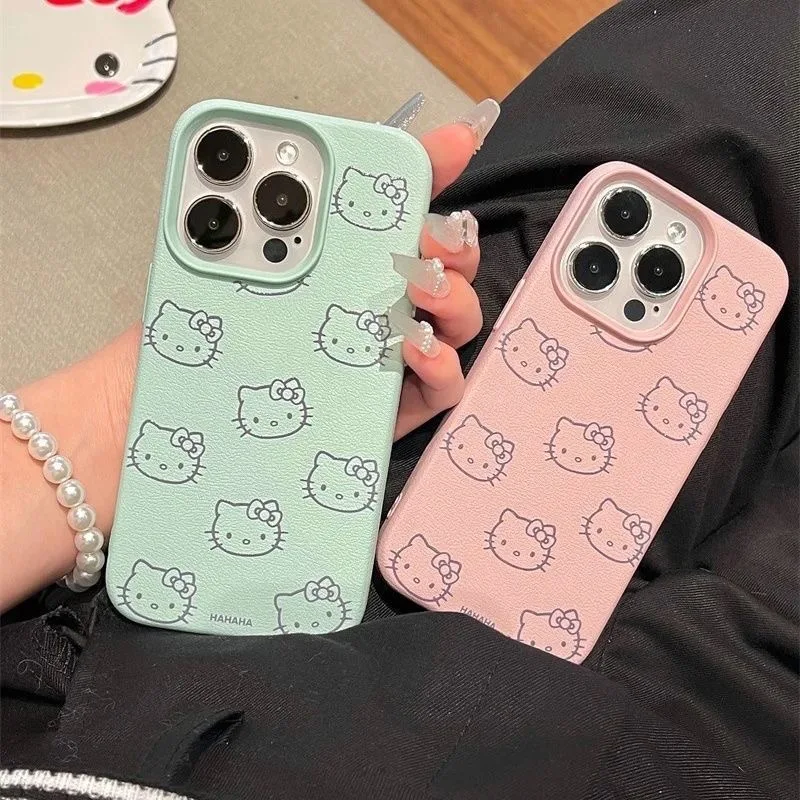 Ins New Hello KittysFashion TPU Imitation Leather Phone Case for IPhone 16 Plus 15 14 13 12 11 Pro Max Shock-absorbing