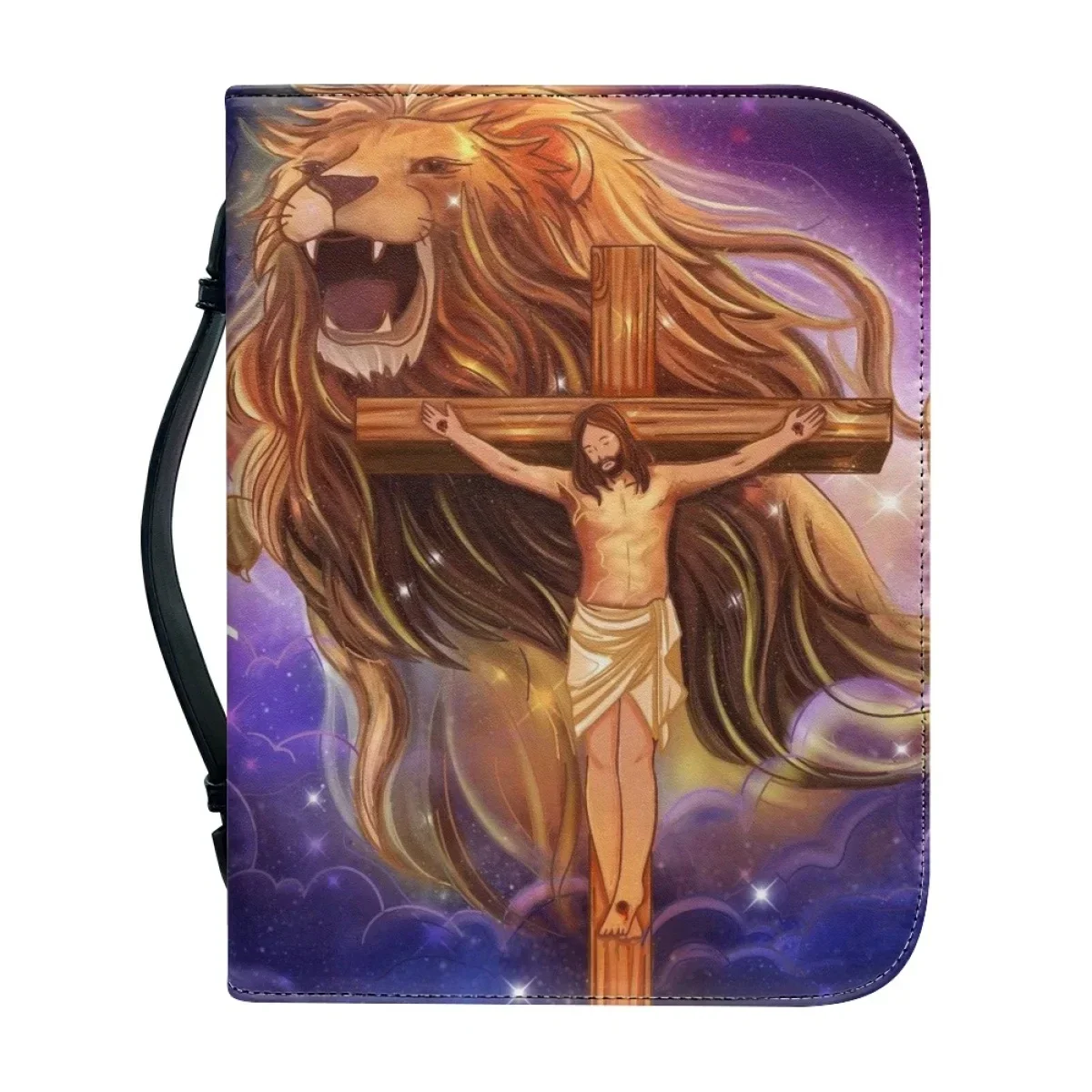 

Lion Cross Bible Praise Verse Print Bible Cover Case Women's Leather Handbags Zippered Handle Bag Practical Bible Storage Bags